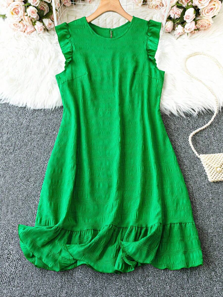 SHEIN Clasi Plus Size Solid Color Ruffle Edge Dress - Green - View 1