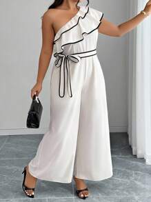 Elenzga Plus Size Women's Ruffled Shoulder Patchwork Wide Leg Loose Jumpsuit - Apricot - View 4