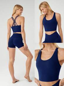 GLOWMODE FeatherFit™ 长线交叉肩带运动胸罩轻度支撑瑜伽工作室健身房日常 - Dark Blue - 查看 8