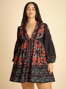 CAJUNI 大码女式休闲度假黑色热带印花短款连衣裙 - 波西米亚风女装/女式西式服装/图案/休闲女装