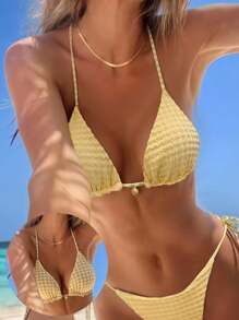 Swim Mod 女士甜美露背双层面料三角比基尼上衣，适合夏季海滩派对 - 黃色 - 查看 1