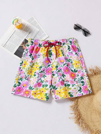 Surfspeed Shorts de playa con cintura con cordón y bolsillo, estampado floral asimétrico para hombre