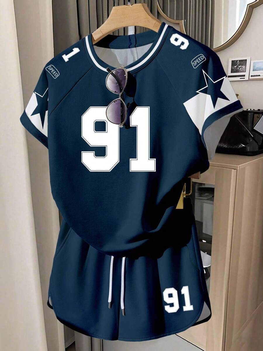 INAWLY Summer Casual Versatile Numeric Print Women's T-Shirt And Shorts Set - Navy Blue - View 1