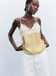 Maija Yellow Spaghetti Strap Cami With Lace Detail And Plant-Inspired Pattern,Fall Women Clothes,Halloween,Autumn, Christmas Women's Clothing  Christmas Pajamas Family