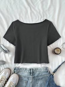 SHEIN 少女休闲宝蓝色针织标语露肩印花短款短袖修身上衣，春夏季清凉基础款日常百搭运动时尚夏季上衣，开学季校服~ - 深灰色 - 查看 2