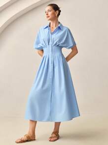 BizChic 2025 Herbst/Winter Neue elegante romantische urbane professionelle Pendler Business Lässig Büromode, geeignet für Hochzeitsgäste, Partys, Konzerte, Brunch, Flughafen, tägliche Mode, vielseitige Schichtung, Hemdkleid für Frauen mit blauem Kragen, Knopfverschluss vorne, Falten an der Taille