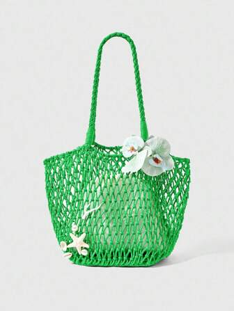 Fairycore 1 Set grüner gewebter Strandtasche und Zubehör, modischer personalisierter Strandurlaubs-Stil Handtasche für Frauen (enthält 1 Tasche und 1 Zubehörset)