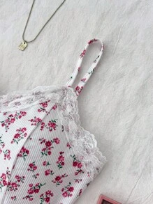 SHEIN Váy liền thân chữ A ren họa tiết hoa tương phản mùa hè dành cho bé gái tuổi teen, đồ mặc nhà thường ngày - Đỏ và trắng - Xem 5