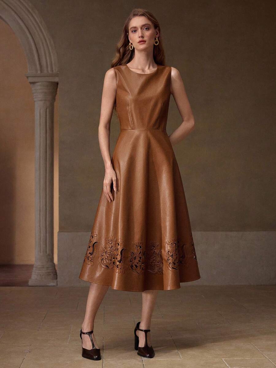 MOTF PREMIUM PU皮革刺绣连衣裙 - 棕色 - 查看 2