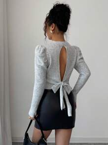 Elenzga Puff Sleeve Knit Soft Short Long Sleeve Knit Blouse For Women Fall Winter Cloth For Women