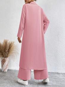 SHEIN LUNE Women's Solid Color Drop Shoulder Long Sleeve Single-Breasted Long Shirt And Pants Casual 2 Pieces Set