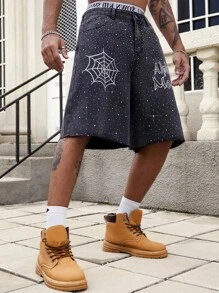 ROMWE MEN Street Life Men's Spider Rhinestone Graphic Pocket Wide Leg Loose Casual Denim Shorts - Dark Grey - View 7