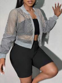 SHEIN SXY Mesh Sheer Sleeve Patchwork Cropped Jacket In Fall/Winter - Grey - View 6