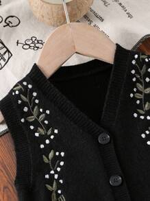 女婴开衫毛衣，黑色绿色枝条和白色刺绣，文艺休闲度假风，适合春、秋、冬季节穿着，保暖背心外套，黑色纽扣时尚开衫，女婴毛衣背心，女婴开衫，开衫，女婴针织背心，女婴毛衣背心 - 黑色 - 查看 6