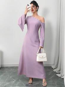 Yasmyna Elegant Ladies Asymmetric Collar Waist-Cinched Arabic Style Dress