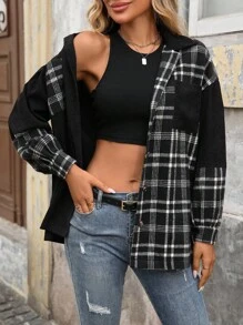 SHEIN LUNE Women's Plaid Patchwork Drop Shoulder Long Sleeve Single-Breasted Pocket Casual Regular Jacket Fall Winter Cloth For Women, Christmas