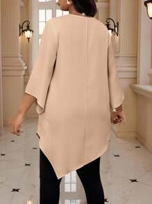 SHEIN Lady 2025 新款大码女式纯色金属圆领 3 4 袖宽松不对称下摆优雅衬衫情人节新年派对感恩节假日休闲上衣女式秋季上衣 - 駝色 - 查看 3