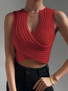 Celisse 夏季性感纯色镂空交叉裹身无袖短款针织上衣 - 紅色 - 查看 6