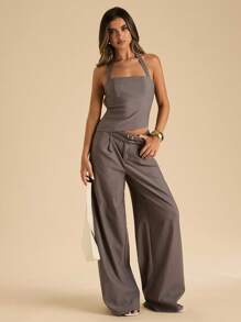 SHEIN BAE Stylish Backless Women's Halter Tank Top In Dark Grey Woven Fabric - Dark Grey - View 7