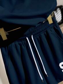 INAWLY Summer Casual Versatile Numeric Print Women's T-Shirt And Shorts Set - Navy Blue - View 5