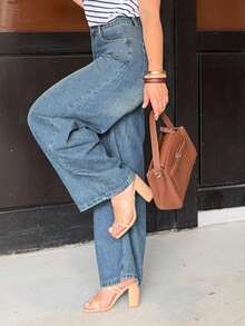 Jeta Ari 复古宽松街头水洗褪色阔腿女式宽松牛仔裤 Y2K - 深色水洗藍 - 查看 4