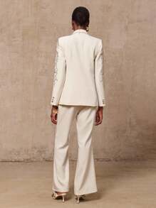 SHEIN Privé VITNOS 新款优雅女士套装，秋季服装，商务休闲女装，女士办公室着装，女士教师装，奢华舞会聚会派对宴会，低调奢华闪耀的节日派对狂欢节郊游度假热门户外丰富层次感婚礼季宴会万圣节圣诞节新年时尚秋季新款女士晚宴之夜精致浪漫 - 杏色 - 查看 3