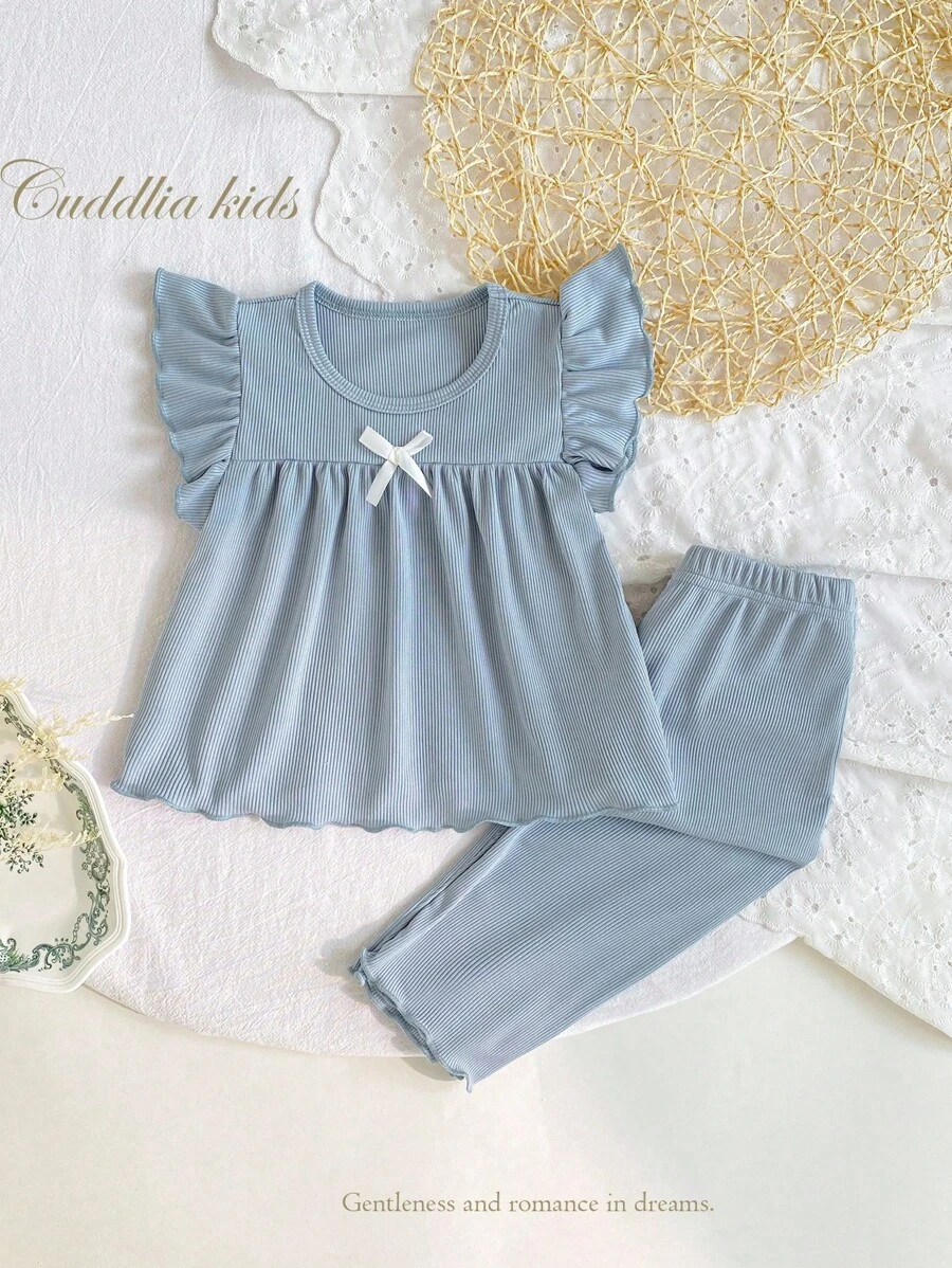 Girls 2-Piece Set, Back To School Sleepwear, Princess Style With Bow, Ribbed Pattern Loose Fitting Cap Sleeve Top And Long Pants, Suitable For Spring/Summer/Autumn, Lightweight - Blue - View 1