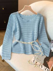 Franclia 时尚度假风镂空圆领超大休闲毛衣，时尚欧美风针织套头衫秋冬