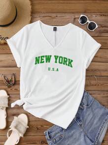 EMERY ROSE 大码女式纽约字母图案 V 领短袖 T 恤，休闲简约套头衫，夏季白色 T 恤女式