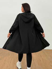 SHEIN EZwear 大码女式黑色长款外套，带腰带，适合秋冬季节、返校季、商务休闲、办公室、工作、教师、外出等场合，轻便运动外套，带帽，拉链长袖宽松外套，带口袋，适合户外徒步、雨天户外活动。 - 黑色 - 查看 6