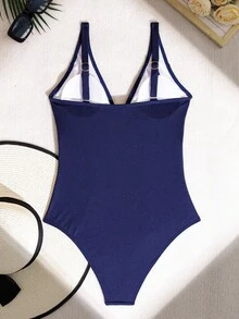 Shapewave 1 件女士优雅纯色罗纹面料连体泳衣，时尚简约，适合海滩、夏季 - 藏蓝色 - 查看 2