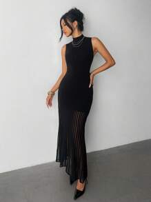 Elenzga Women's Elegant Fitted Mock Neck Organza Patchwork Hem Sweater Dress