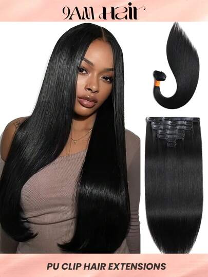 Seamless Clip Ins Tóc giả kẹp PU thẳng liền mạch màu tự nhiên 12A 100% tóc thật thô 7 chiếc/bộ