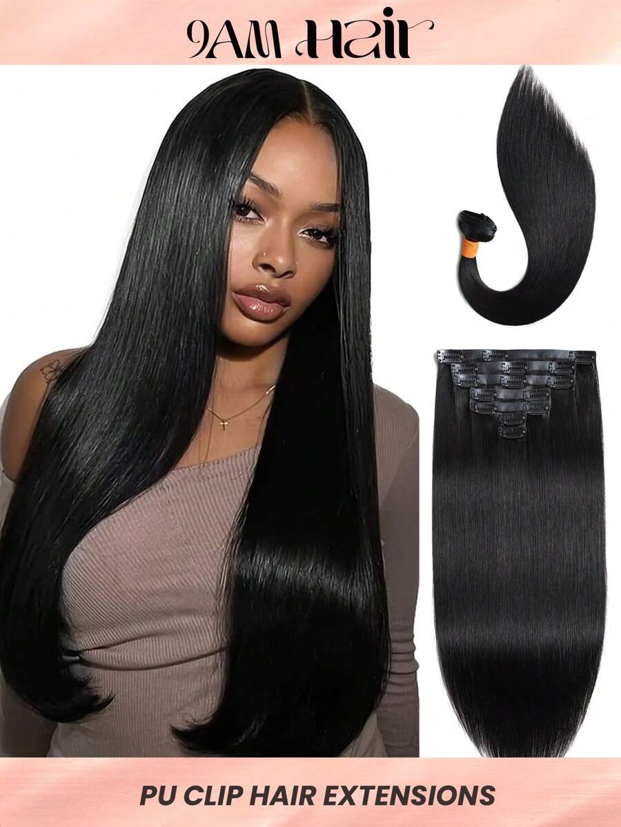 Seamless Clip Ins Extensiones de cabello natural de 12A, rectas y sin costuras, con trama de PU, 100% cabello humano crudo real, set de 7 piezas - Natural Black - Ver 1
