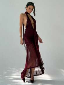 Aloruh 全新性感低胸褶皱开衩露背垂坠式领口连衣裙，带拖尾，派对/鸡尾酒会礼服 - 酒紅色 - 查看 6