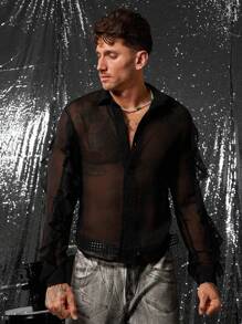 FeverCity 男士翻领半透明性感长袖衬衫 - 黑色 - 查看 1