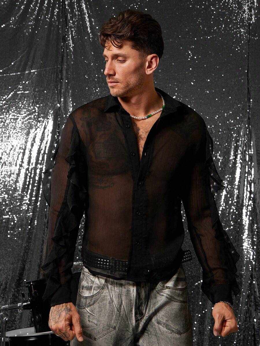 FeverCity 男士翻领半透明性感长袖衬衫 - 黑色 - 查看 1