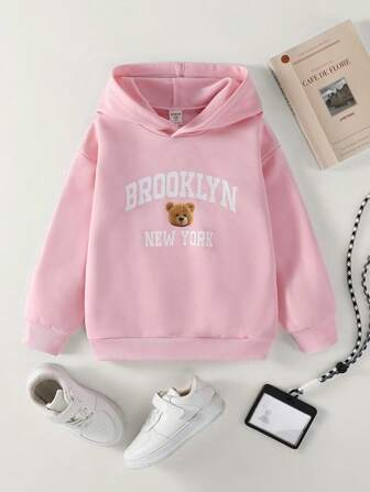 Sweat-shirt décontracté avec imprimé ours rose pour jeune fille, tenue universitaire et tenue de sport pour la rentrée scolaire 2025 pour jeune fille