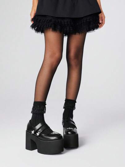 Grunge Punk Women's High Heel Mary Jane Pumps, Punk Style Rivet & Hook And Loop Design, Black Platform Heels Suitable For Party, Daily Wear, Evening Dress, Height Increase And Leg Lengthening, Comfortable And Versatile