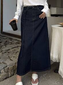 DAZY 女士腰带装饰直筒裙，休闲牛仔A字裙 - 深色水洗藍 - 查看 5