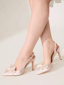 CUCCOO CHICEST Women's Elegant Pointed Toe Satin Backless High Heel Pumps With Floral Decor, Comfortable For Work, Wedding And Formal Occasions - Pink - View 2
