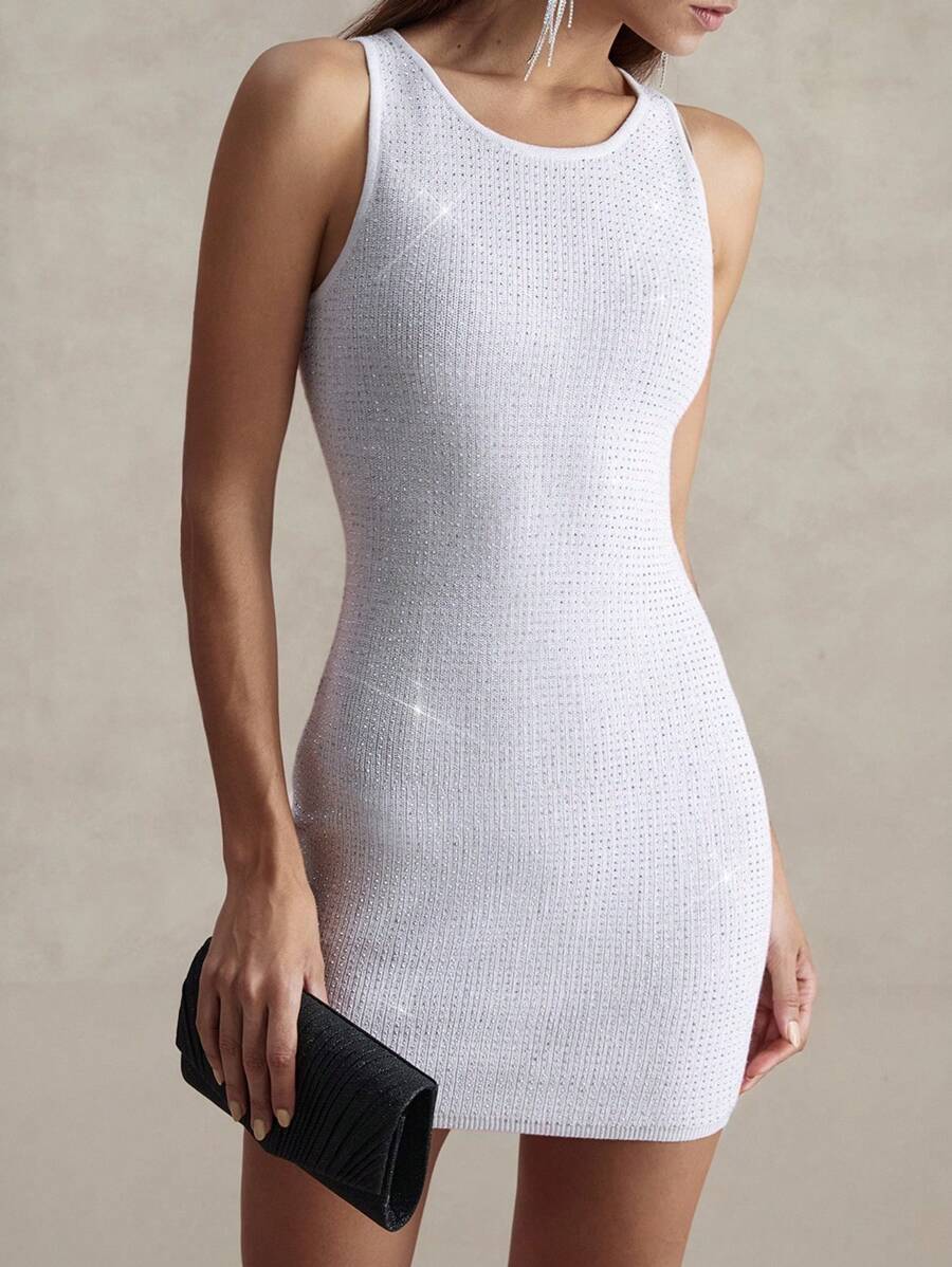 Briarwyn Váy bó sát mini không tay đính đá Rhinestone thanh lịch dành cho nữ, trang phục dự tiệc đêm mùa thu sang trọng