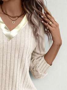 EMERY ROSE New Women's Fashion Casual Contrast Color Collar V-Neck Ribbed Knit Fabric Loose Sweatshirt Pullover Fall