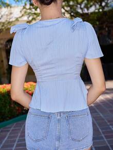 Andrea Bello 全新女式 V 领蝴蝶结设计前开纯色编织面料优雅精致年轻成人百搭修身女士衬衫 - 藍色 - 查看 2