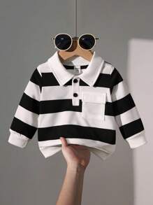 SHEIN Playful Pals Camisa polo a rayas para bebé niño, chaqueta exterior con cuello polo de moda casual