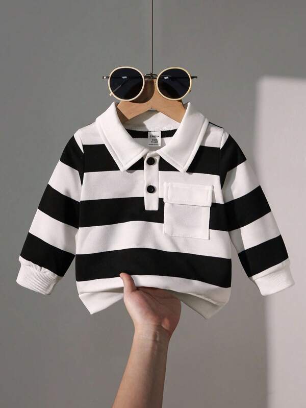 SHEIN Playful Pals Baby Boy Striped Polo Shirt, Fashionable Casual Pullover Polo Collar Outerwear