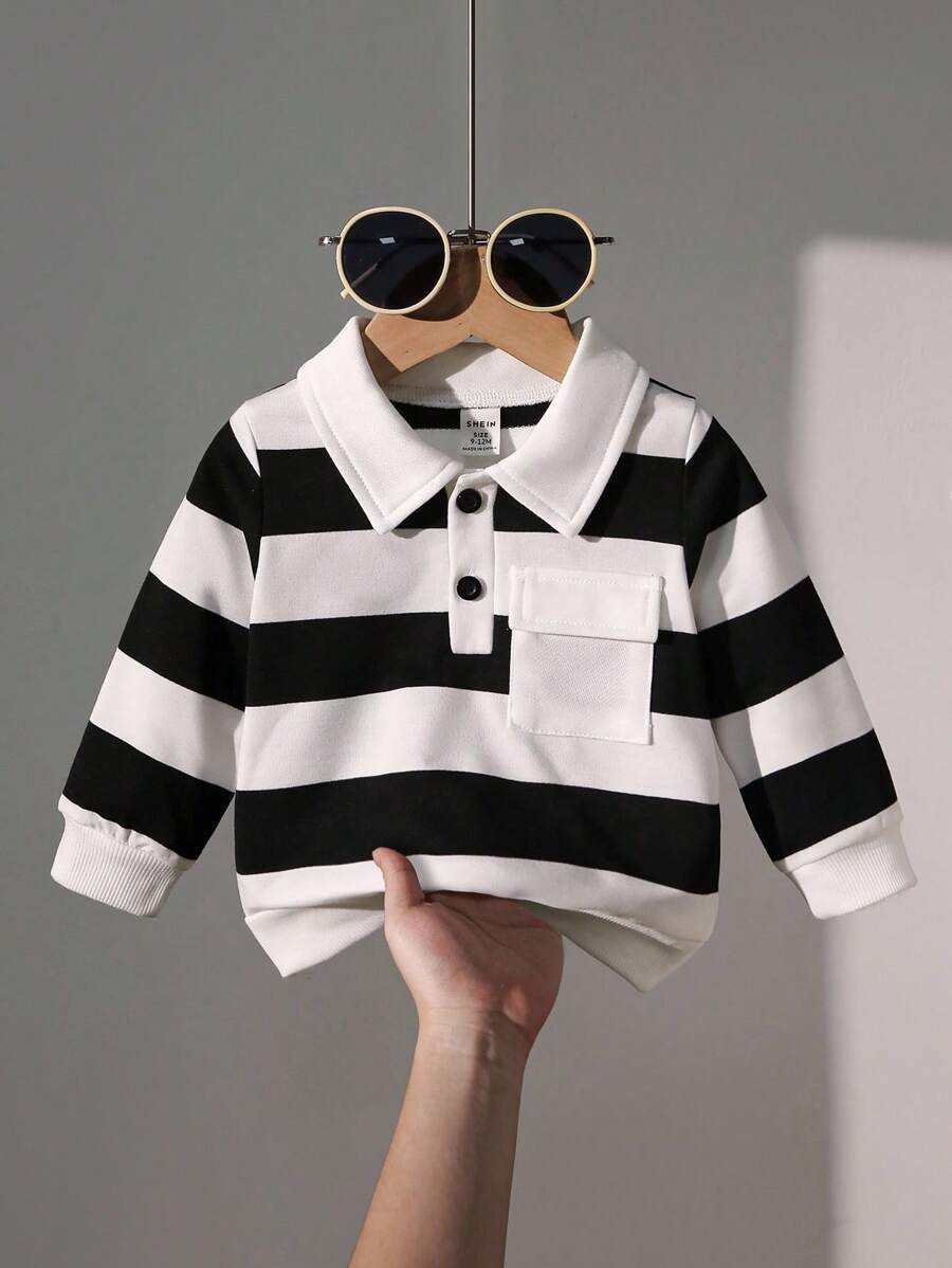 SHEIN Playful Pals Camisa polo a rayas para bebé niño, chaqueta exterior con cuello polo de moda casual