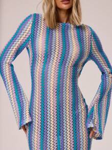 MUSERA Textured Stripe Knit Flared Maxi Dress Spring Summer Vacation Boho Ibiza Elegant Beach Cute The Beach House Festival , , Fall, Winter Summer Outfit - Blue - View 3