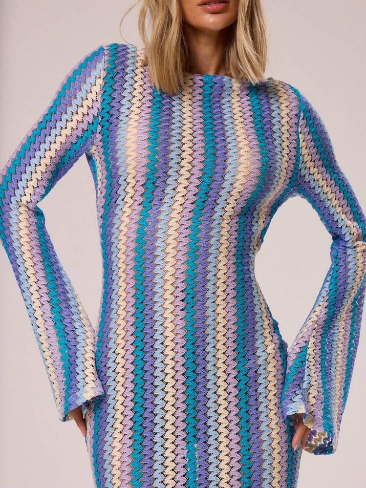 MUSERA Rochie maxi evazată, tricotată, cu dungi texturate, primăvară-vară, vacanță, boho, Ibiza, elegantă, plajă, drăguță, casa de pe plajă, festival, toamnă, ținută de vară, sărbătoare - Albastru - Vizualizare 3