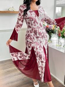 Modelyn 大码休闲时尚修身网眼拼布长袖连衣裙 - 酒紅色 - 查看 5
